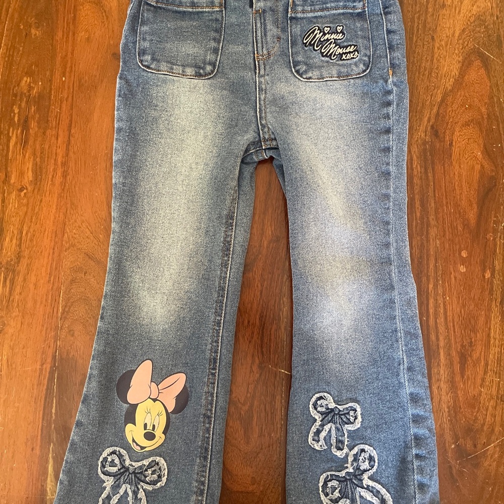 Disney Girls Blue Denim Jeans with Minnie Mouse and Pink Bow Accents
